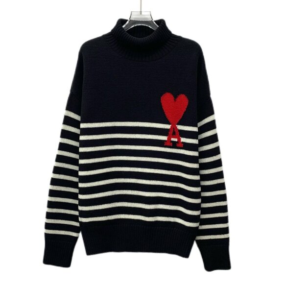 Ami Black Stripe Heart Embroidered Wool Turtleneck Long Sleeve Knit Sweater